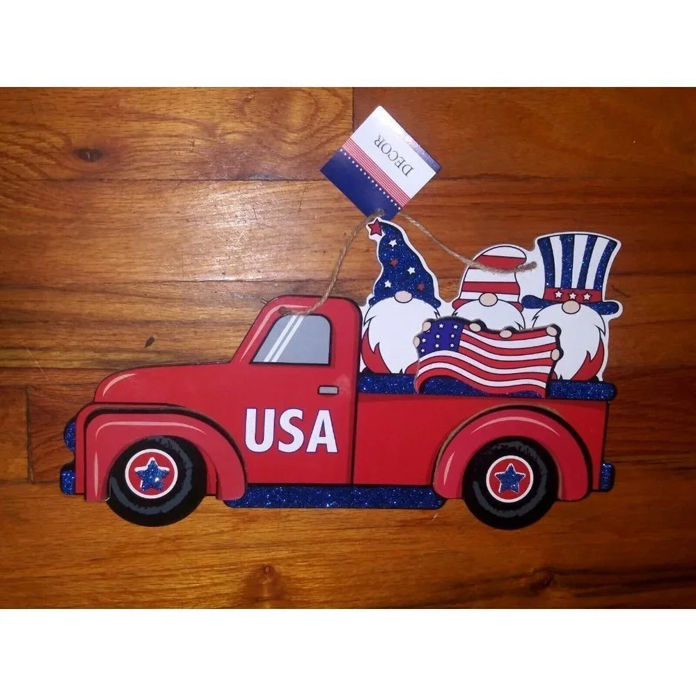 Lot of 2 Patriotic Wall Hangings RED Pickup Trucks w/Gnomes 13